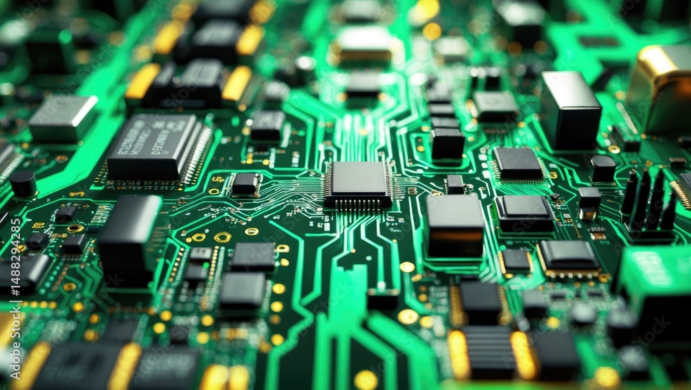 Poster electronic circuit board texture with a green background.