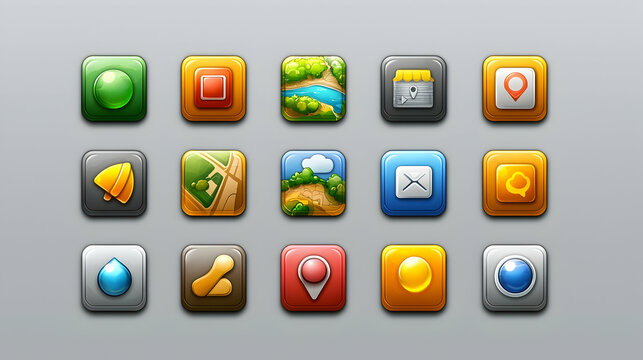 Colorful app icons set, various functions, neutral background, for software design