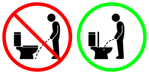 This image shows two figures urinating: one using the toilet incorrectly (marked red), and one correctly (marked green). Ideal for public toilets to promote proper use and cleanliness.