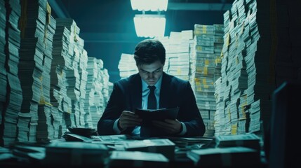 Surrounded by Stacks of Cash, a Businessman Scrutinizes Documents