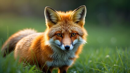 Close-up shot of a fox in grass with a shallow depth of field, focusing on the head while the body is blurred