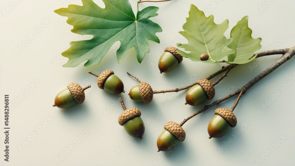 Poster isolated acorns with leaf on background
