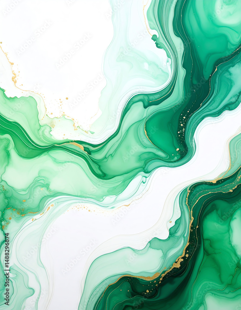 Poster abstract green and white marble texture with flowing patterns and hints of gold, creating a vibrant 