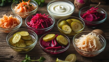 A collection of gut health-boosting fermented foods - overhead view of glass bowls on rustic wood