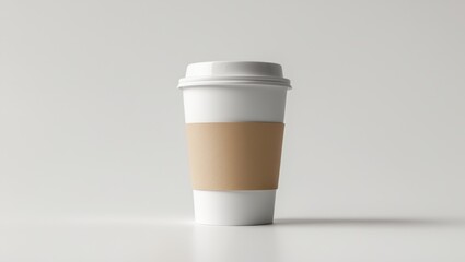 Isolated white background with takeaway paper coffee cup and sleeve