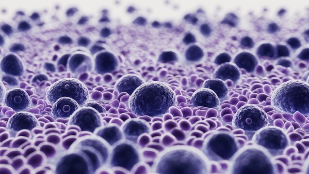 Photomicrograph panorama of human white blood cells observed under a microscope.