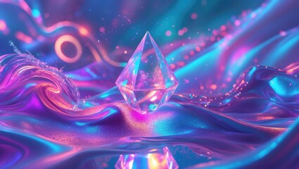 Radiant neon lights. Crystal prism reflecting light in striking colors. Abstract background featuring diamond holography.