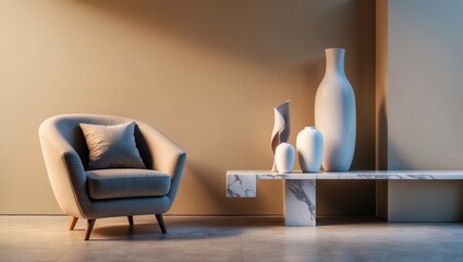 Comfortable living space with a modern white armchair, gold lamp, marble cube, vase with dried blooms, and personal touches. Beige wall. Empty space. Home decor. Design template.