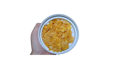 hand holding bowl of corn flakes on transparent background