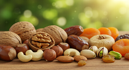 Premium Assorted Nuts and Dried Fruits on Rustic Wooden Table – Almonds, Cashews, Walnuts, Hazelnuts, Pistachios, Dried Apricots, Raisins, Dates, Healthy Snack, Vegan Food