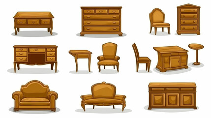 Antique Wooden Furniture Collection Tables, Chairs, and Chests. Perfect for Interior Design Websites