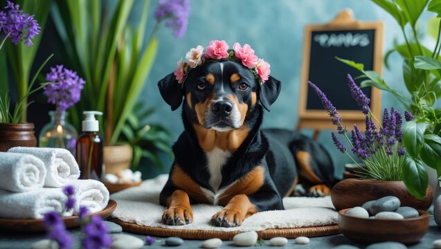 Dog grooming experience. Lovely pet relaxing at a spa facility. Dog among spa care products and plants. Comical concept of grooming, washing, and caring for pets.