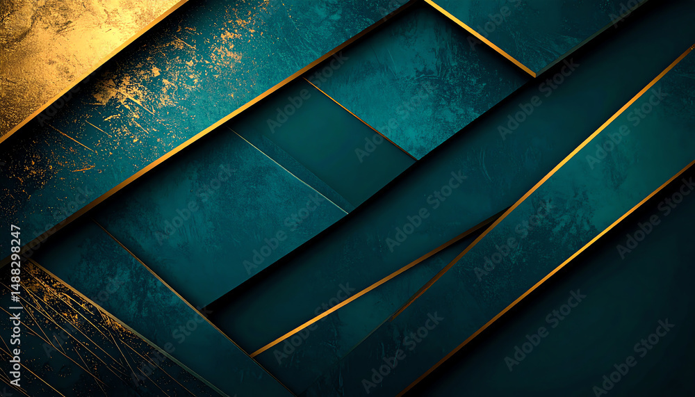 Poster abstract design featuring layered teal and gold textures, creating a modern and sophisticated visual