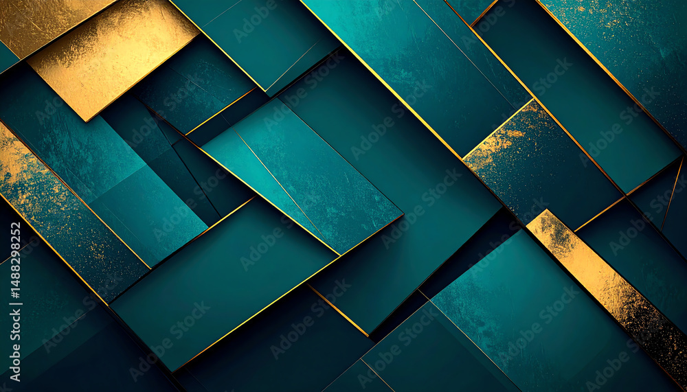 Poster abstract geometric design featuring layered teal and gold rectangles with textured surfaces, creatin