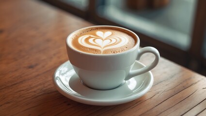 White coffee cup, steaming latte, milk foam artwork.