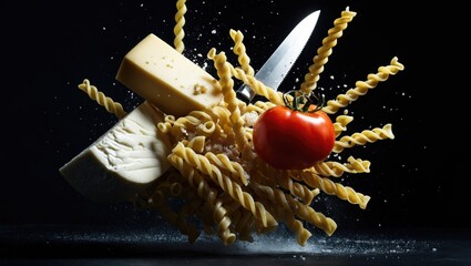 Kitchen items (tomato, pasta, cheese, chopping board, and knife) burst into the air on a dark background.