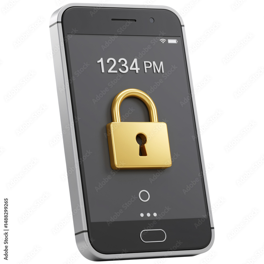 Poster smartphone with a golden padlock displayed on the screen isolated on a transparent background