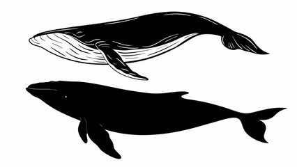 Fototapeta premium Two whales in black and white swimming gracefully in the ocean with their fins and tails visible clearly editable vector eps/eps