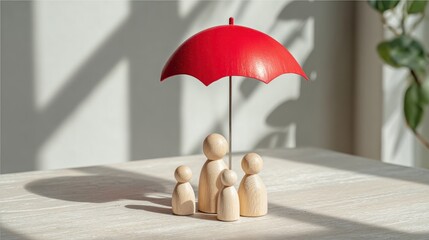Wooden family figurines stand under a red umbrella with plant and shadow.
