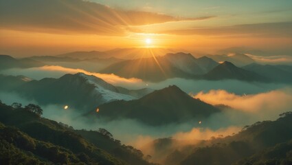 Dawn over mountain range with glowing sun and misty scenery, motivational themes, soft focus