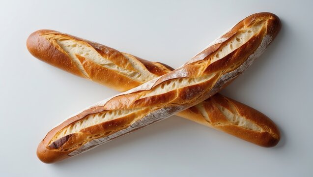 Two freshly baked baguettes against a white backdrop
