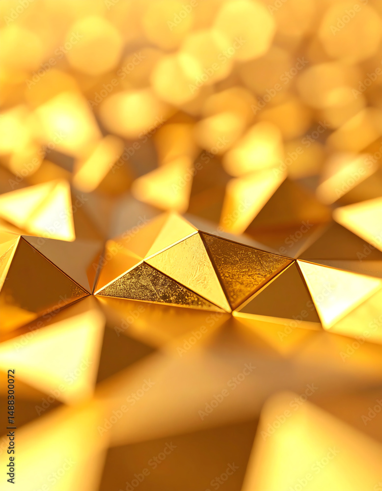 Poster golden pyramids create a shimmering, abstract surface, reflecting light and forming a visually strik