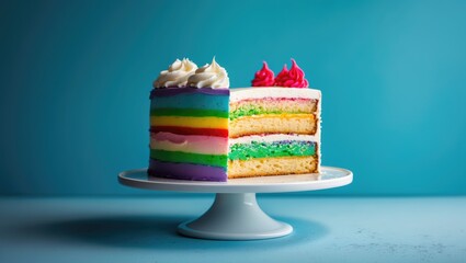 Minimalist birthday cake on a white cakestand against a blue backdrop.