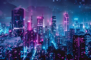 Fototapeta premium Glowing Neon Cityscape: A futuristic and vibrant shot of a cityscape illuminated by neon lights, creating a cyberpunk-inspired atmosphere