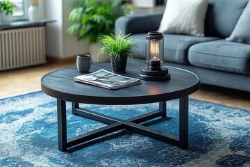 Modern circular black coffee table with metal cross-legged frame, magazine and lamp on top in stylish home interior decor