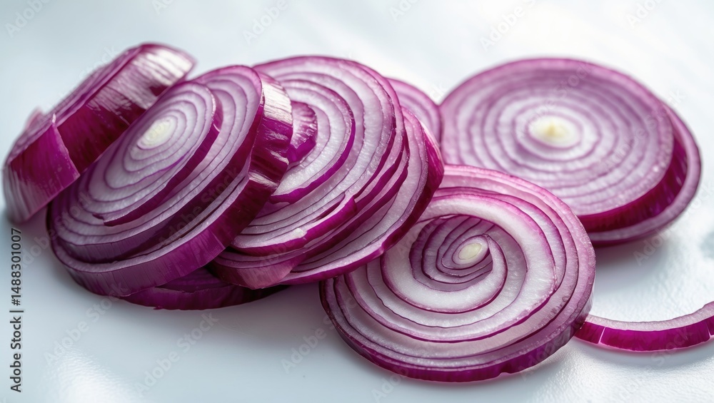 Poster Sliced red onions displayed individually on a white background