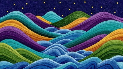 Abstract Colorful Rolling Hills Under Starry Night Sky