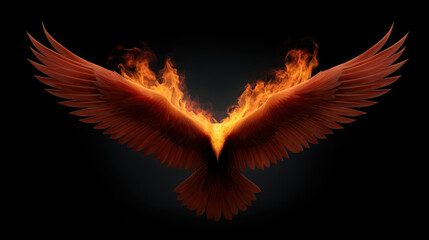 A majestic phoenix bursts forth in a fiery display, its wings ablaze with vibrant orange flames against the dark background showcasing power and transformation.