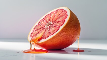 Juicy grapefruit with dripping juice on backdrop