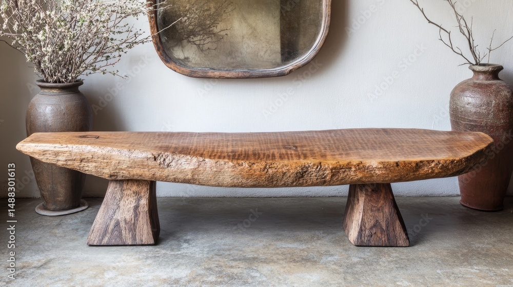 Poster rustic wooden bench with unique design features.