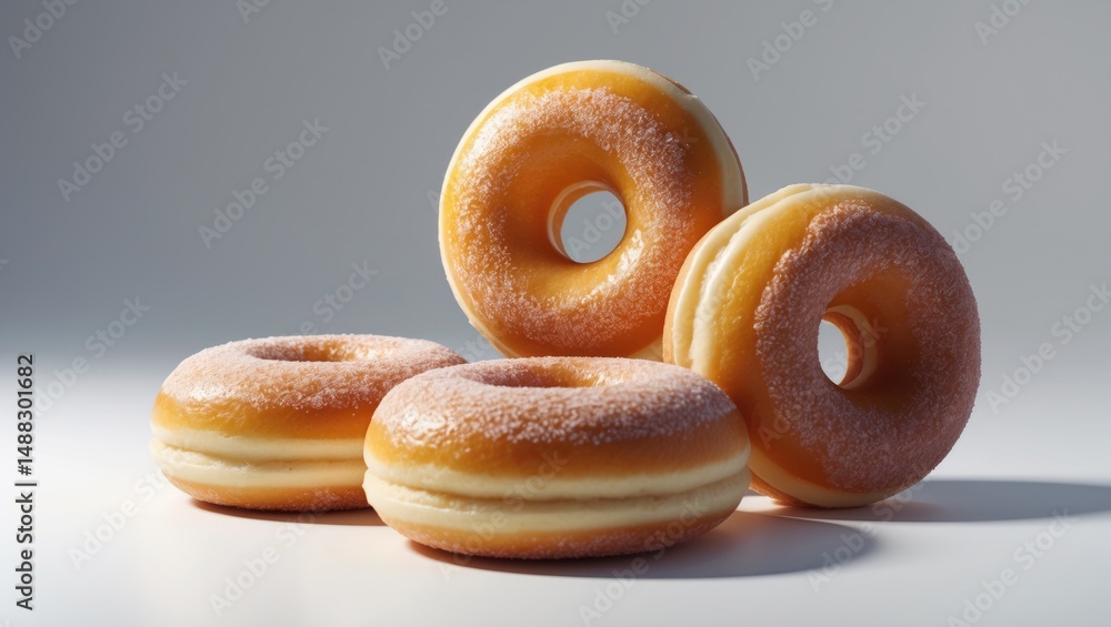 Poster Front view collection of three tasty Mini Donuts isolated on white background with clipping path. Donuts topped with sugar sprinkles