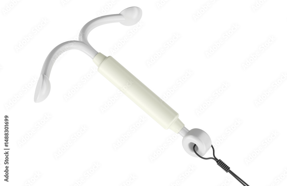 Poster hormonal intrauterine contraceptive device. t-shaped iud with removal strings. 3d rendering isolated