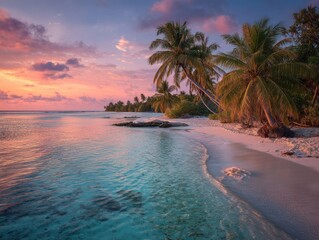 Tropical beach with palm trees and calm turquoise water at sunset.