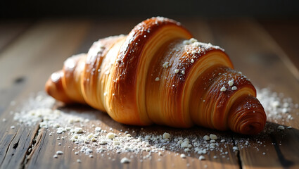 Buttery Croissant Close-Up with Flaky Layers and Crumbs