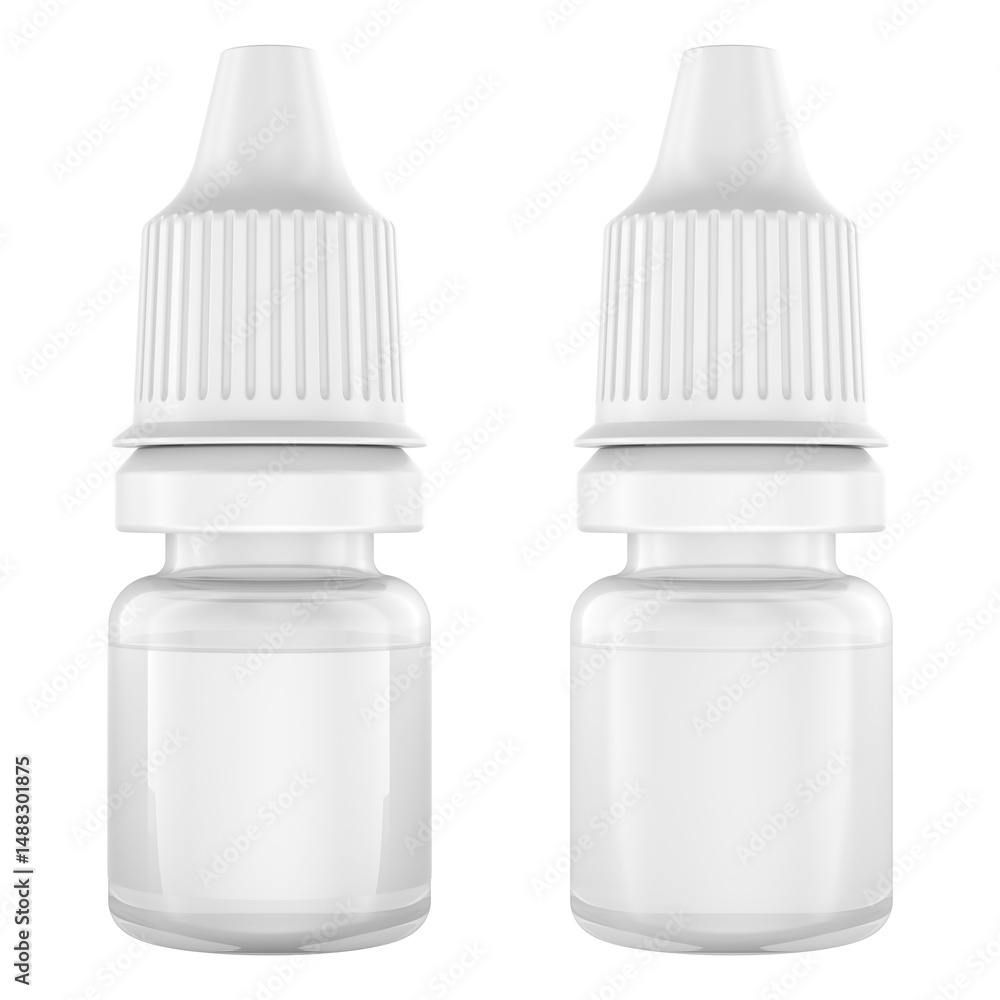 Poster eye or ear drops bottles, different side and views. 3d rendering isolated on transparent background