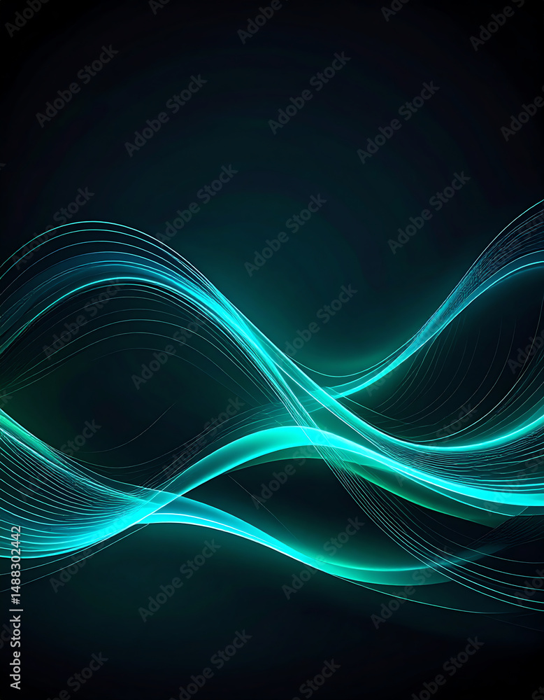Poster abstract waves of blue and teal light flow gracefully against a dark backdrop, creating a modern and