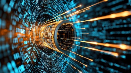 Abstract Digital Tunnel with Glowing Particles and Binary Code