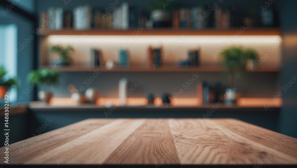Poster product display mockup with a wooden board on an empty table against a blurred interior background.