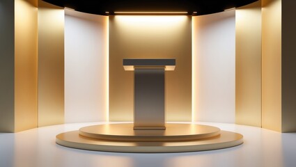 Showcase backdrop for golden presentation studio with podium for product advertisement on stage