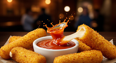 Crispy Mozzarella Sticks Appetizer with Sauce Splash and Cheese Pull - Delicious Fried Snack Food