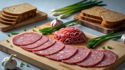 Homemade vegan pea sausage served on a wooden board with garlic and herbs against a gray textured backdrop, overhead view