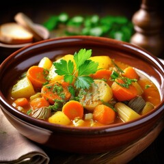 M&ouml;hren-Kartoffel-Eintopf mit Lauch und Muskatnuss, vegetarisch, serviert in tiefem Keramikteller.