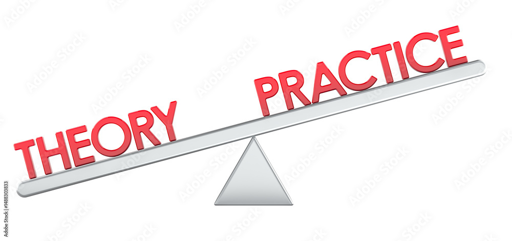 Aufkleber theory or practice balance concept, 3d rendering isolated on transparent background