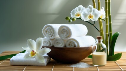 Fototapeta premium Spa essentials featuring white orchid flower