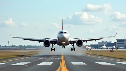 Obraz premium Airplane Landing on Runway at Airport with Clear Sky