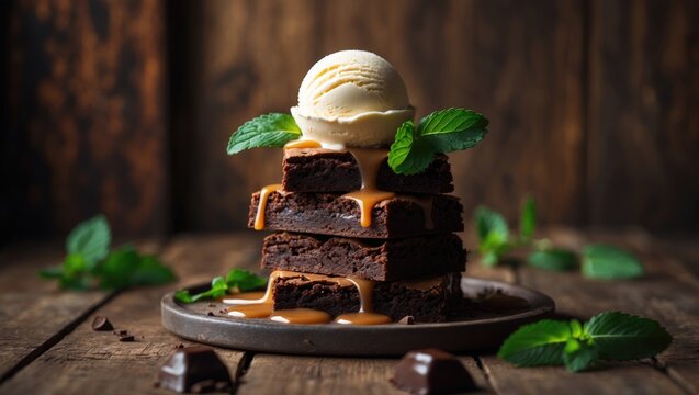 Stacks of chocolate brownies topped with vanilla ice cream on a wooden background